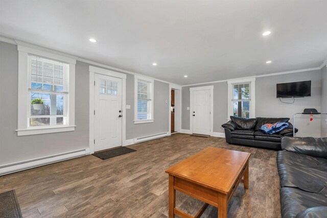 104 Pease Rd, Meredith, NH 03253 - living room with crown molding, recessed lighting, and baseboard heating