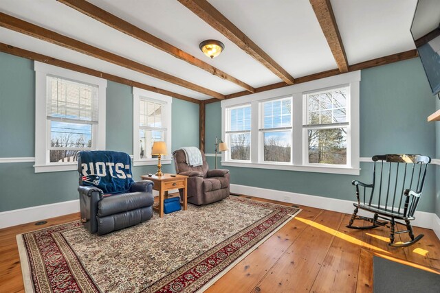 104 Pease Rd, Meredith, NH 03253 - living area featuring baseboards, hardwood / wood-style flooring, and beam ceiling