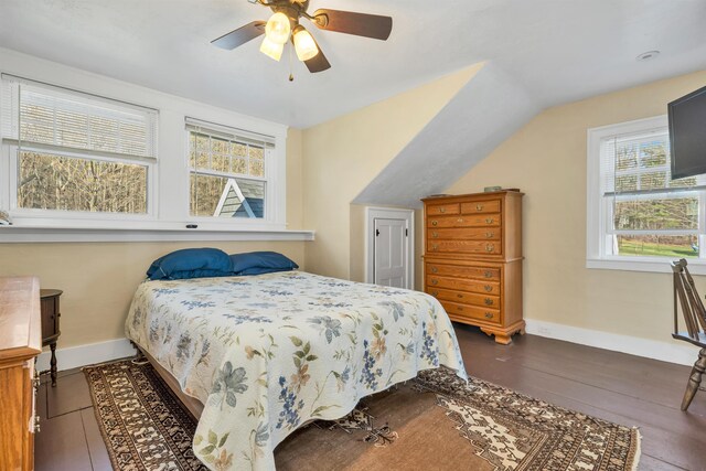 104 Pease Rd, Meredith, NH 03253 - bedroom with a ceiling fan, baseboards, and vaulted ceiling