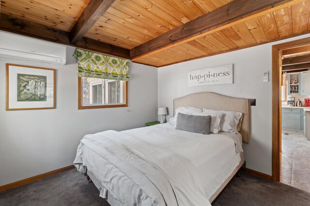 carpeted bedroom featuring wooden ceiling, baseboards, beam ceiling, and a wall mounted air conditioner