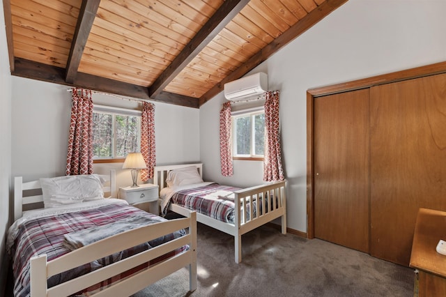 bedroom with vaulted ceiling with beams, a wall mounted air conditioner, carpet, and wood ceiling
