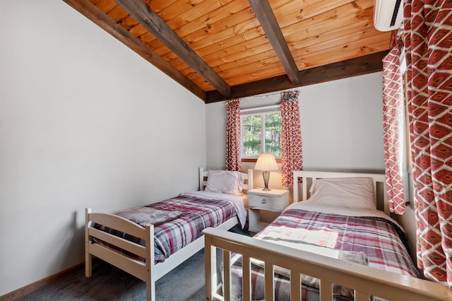 bedroom featuring carpet flooring, baseboards, wooden ceiling, and vaulted ceiling with beams