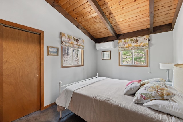 bedroom with vaulted ceiling with beams, carpet, a wall mounted AC, and wood ceiling