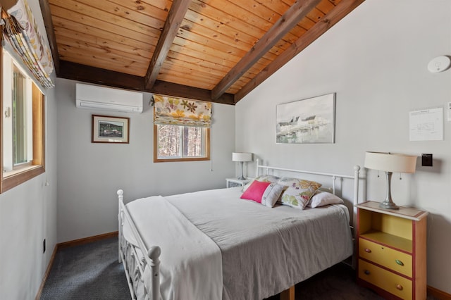 bedroom with dark carpet, baseboards, vaulted ceiling with beams, a wall unit AC, and wooden ceiling