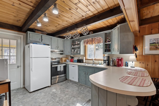 kitchen with beam ceiling, a sink, white appliances, a peninsula, and wood ceiling