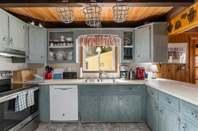 kitchen featuring white dishwasher, stainless steel electric range oven, wood ceiling, and a sink