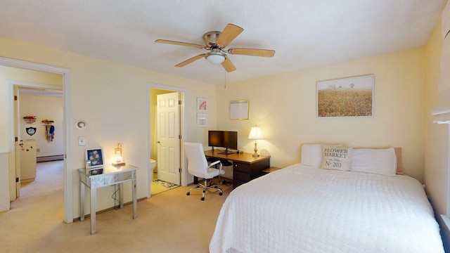 bedroom featuring light colored carpet, a baseboard radiator, and ceiling fan