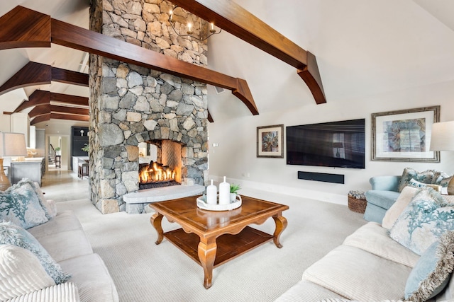 living area featuring a fireplace, beamed ceiling, baseboards, high vaulted ceiling, and carpet flooring