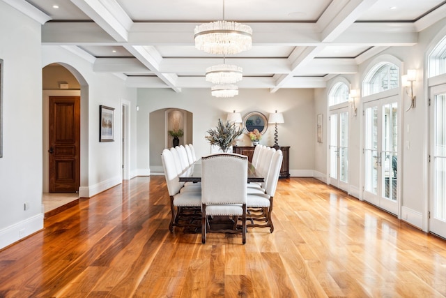 dining space featuring beamed ceiling, a notable chandelier, and coffered ceiling