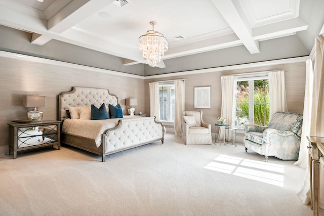 bedroom with visible vents, beam ceiling, an inviting chandelier, carpet, and coffered ceiling