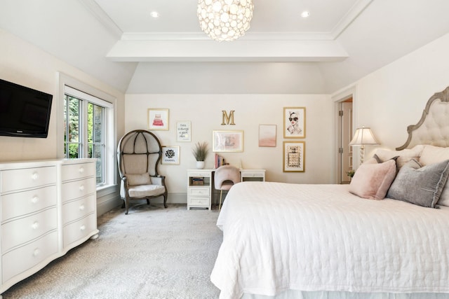 bedroom with ornamental molding, vaulted ceiling, and light carpet