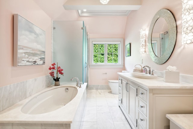 bathroom with vanity, toilet, marble finish floor, an enclosed shower, and a bath