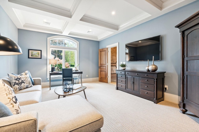 living area featuring beamed ceiling, baseboards, carpet, and coffered ceiling
