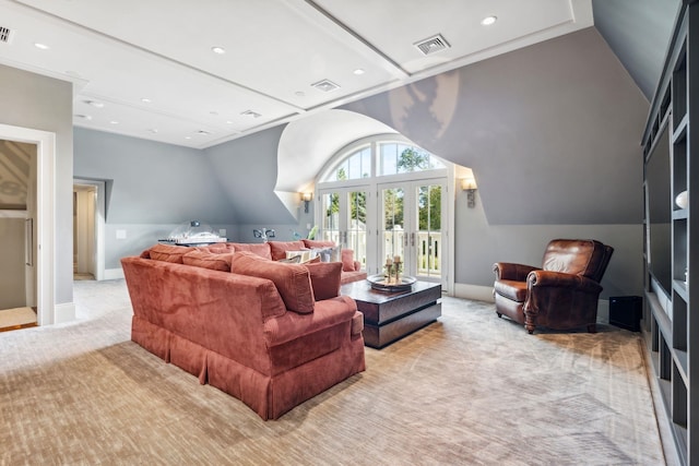 living area featuring baseboards, carpet, recessed lighting, and visible vents