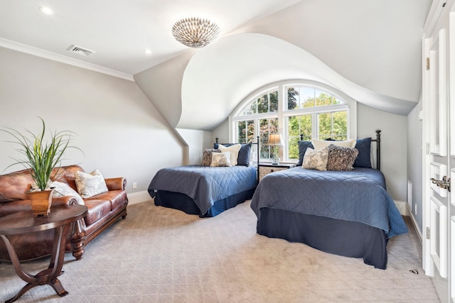 bedroom featuring visible vents, recessed lighting, baseboards, and vaulted ceiling
