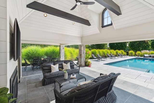 outdoor pool featuring a ceiling fan, a patio, an outdoor living space, and outdoor dining space
