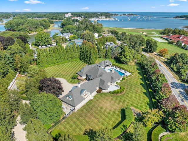 drone / aerial view featuring a water view