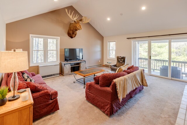 living room with recessed lighting, high vaulted ceiling, light colored carpet, and a baseboard radiator