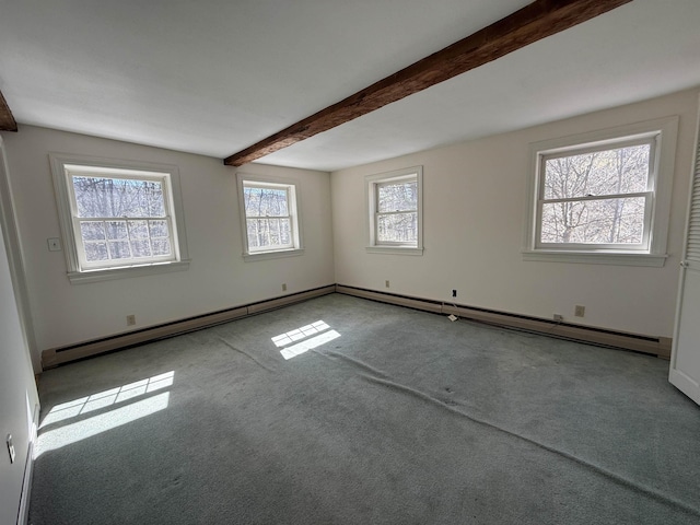 unfurnished room with carpet floors, a baseboard radiator, baseboards, and beam ceiling