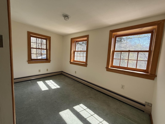 spare room with baseboards, baseboard heating, carpet flooring, and a baseboard heating unit