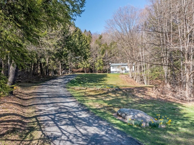 view of street featuring a forest view