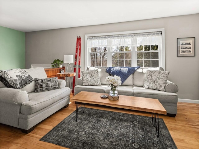 living area with baseboards, a healthy amount of sunlight, and wood finished floors