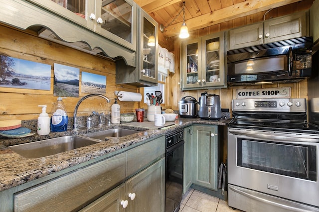 kitchen featuring black microwave, stone countertops, electric stove, wood ceiling, and a sink