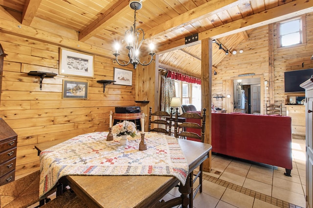 tiled dining area with an inviting chandelier, wood walls, lofted ceiling with beams, and wooden ceiling