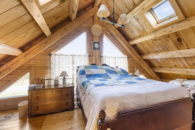 bedroom with wood-type flooring, wood ceiling, lofted ceiling with skylight, and multiple windows