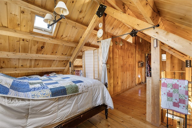 bedroom featuring wood walls, wooden ceiling, vaulted ceiling with beams, and hardwood / wood-style flooring
