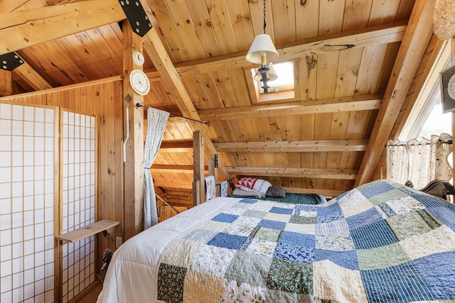 bedroom with wooden walls, vaulted ceiling with beams, and wood ceiling