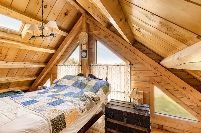 bedroom featuring vaulted ceiling with skylight, wooden ceiling, wood-type flooring, and wooden walls