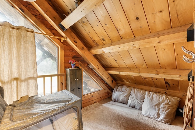additional living space with wooden ceiling, vaulted ceiling with beams, carpet flooring, and wood walls