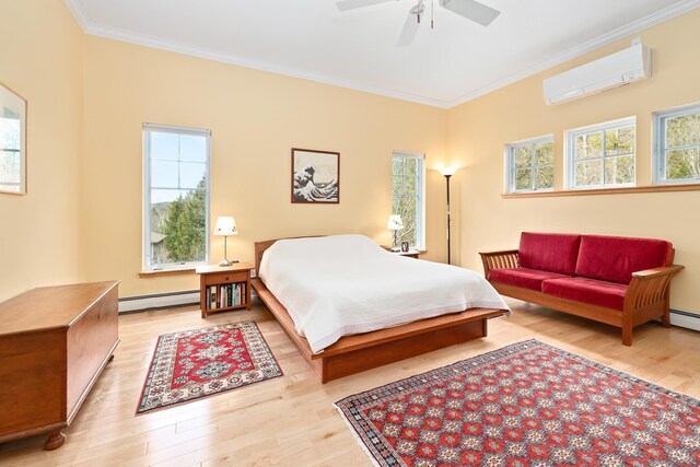 bedroom featuring crown molding, wood finished floors, a wall mounted air conditioner, a baseboard heating unit, and a ceiling fan