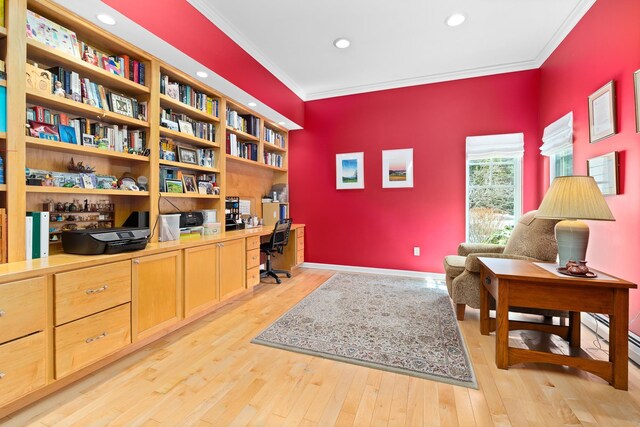 office space featuring built in study area, recessed lighting, ornamental molding, and light wood finished floors