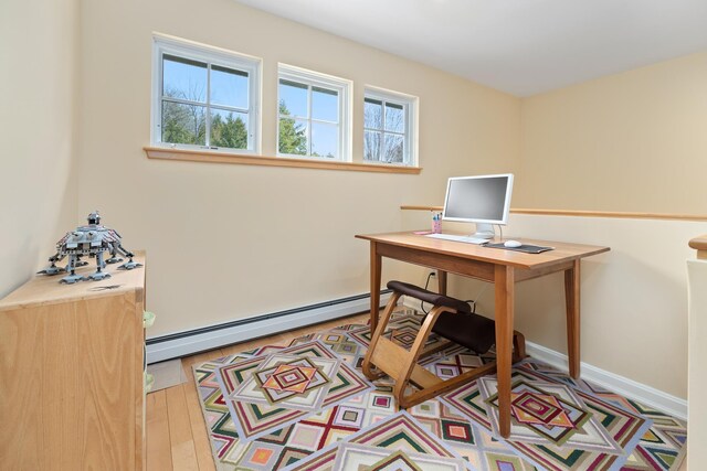 office with wood finished floors and a baseboard heating unit