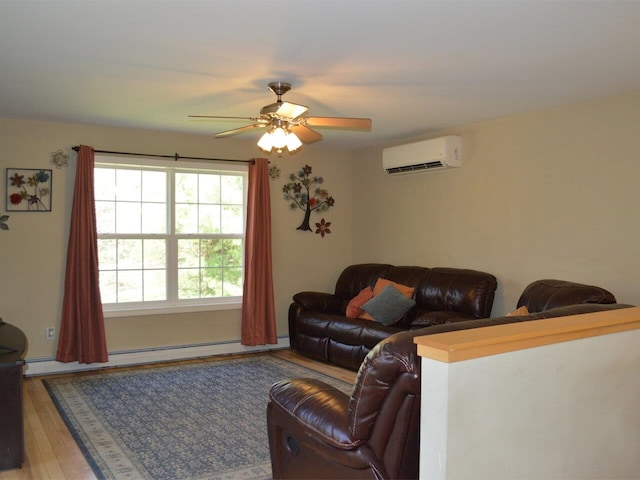 living area featuring light wood-style floors, ceiling fan, baseboard heating, and an AC wall unit