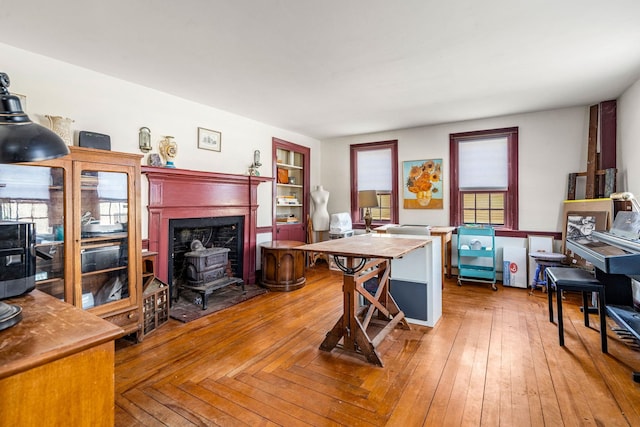 office area with a wood stove