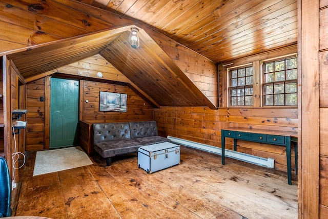 unfurnished living room with wood-type flooring, wood walls, wooden ceiling, and lofted ceiling