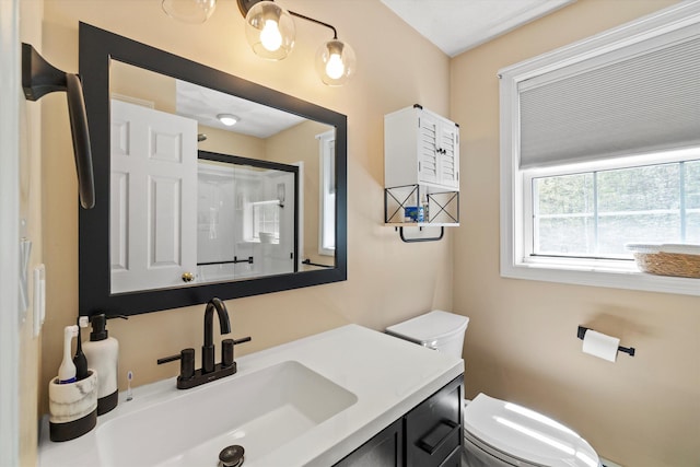 bathroom with vanity, an enclosed shower, and toilet