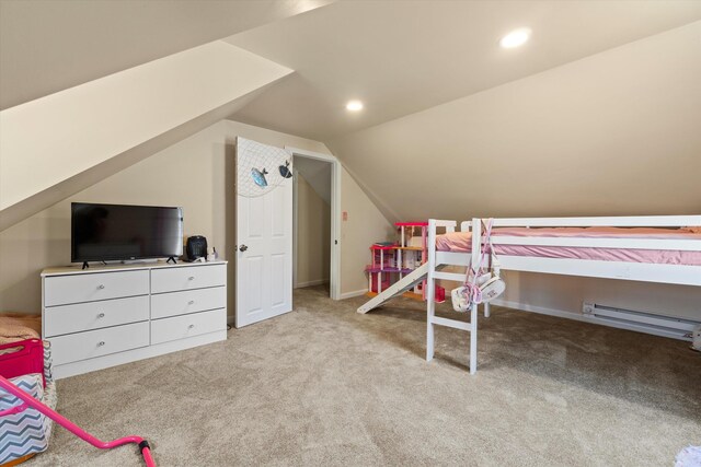bedroom featuring baseboards, recessed lighting, a baseboard heating unit, carpet, and vaulted ceiling