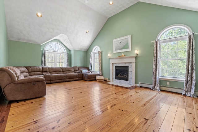 living area featuring wood-type flooring, a fireplace with flush hearth, a baseboard radiator, and vaulted ceiling