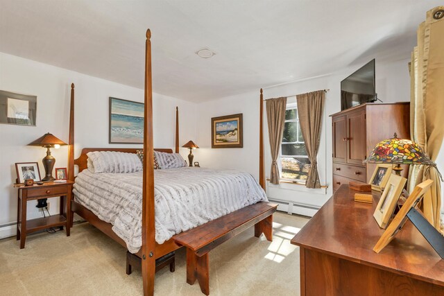 bedroom with a baseboard radiator, access to exterior, and light colored carpet