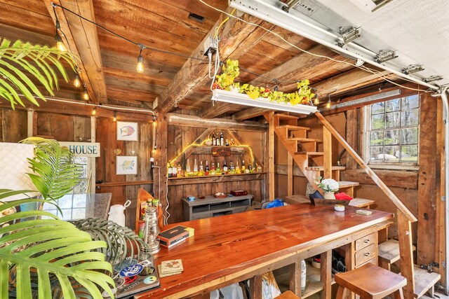 bar with stairs and wooden walls