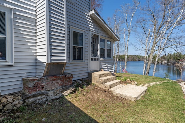 exterior space featuring a water view