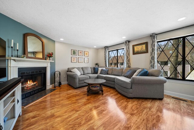 living area with a fireplace with flush hearth, baseboards, plenty of natural light, and wood finished floors