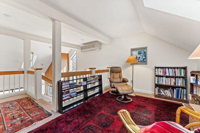 sitting room with vaulted ceiling, a wall mounted air conditioner, a baseboard heating unit, an upstairs landing, and carpet flooring