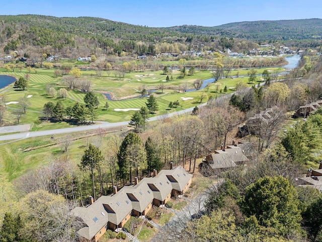 bird's eye view with a water and mountain view and golf course view