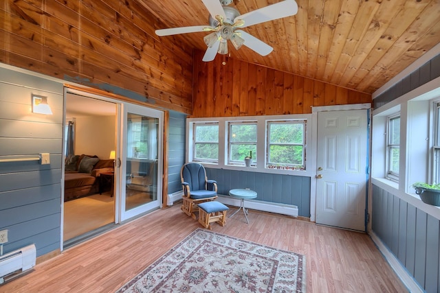 sunroom featuring a ceiling fan, a baseboard heating unit, and a baseboard radiator