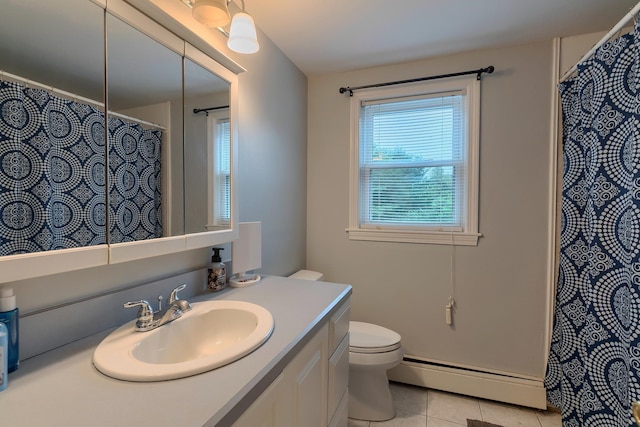 bathroom with vanity, toilet, tile patterned floors, a baseboard radiator, and a shower with curtain
